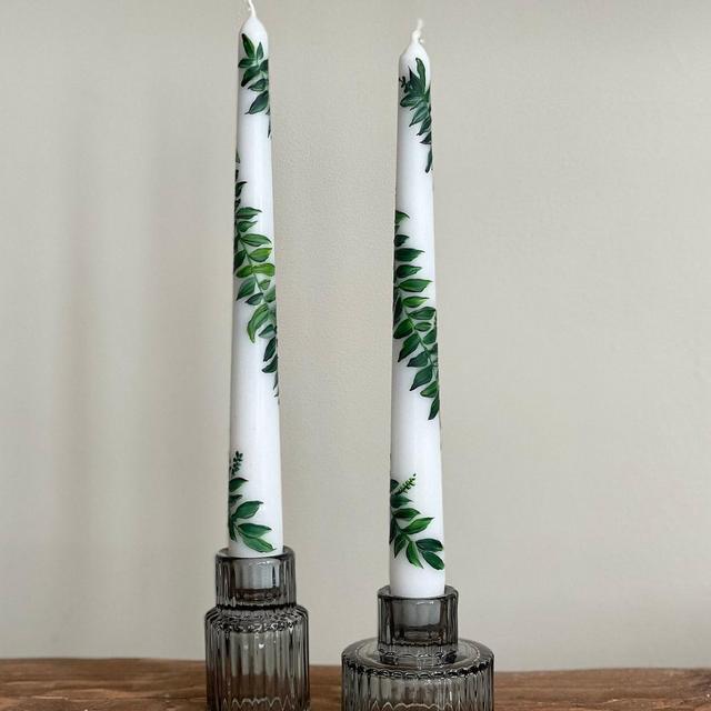 Green leafy Hand painted taper candles
