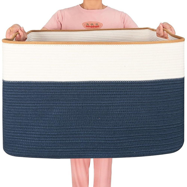 MINTWOOD Design 112L Extra Large Blanket Basket Holder Living Room, 25"x17"x16" Rectangle Rope Woven Storage Basket with Handles for Laundry, Towels, Shoes, Dog Toy Organizer Bin Box, Prussian Blue