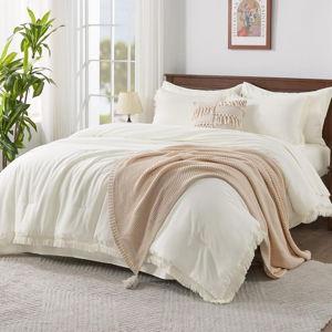 Andency Ivory Queen Size Comforter Set with Sheets - 7 Pieces Boho Tassel Bed in a Bag Soft Lightweight Bedding Sets, Ivory Fringe Bed Set with Comforter, Sheets, Pillowcases & Shams