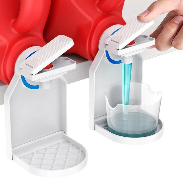 KMOUANTS 2 Pack Laundry Detergent Dispenser Cup Holder, Nozzle button upgrade，Easily No More runny or Messy Laundry Detergent, Laundry Cup Holder and drip Tray Room Organization and Storage