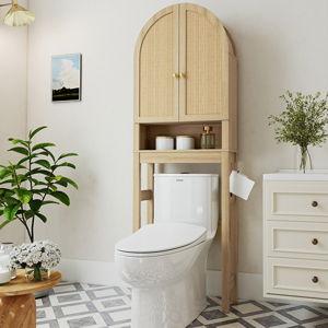 HMstone Over The Toilet Storage Cabinet, Arched Bathroom Organizer and Storage with Rattan Doors and Adjustable Shelf, Space-Saving Freestanding Bathroom Modern Storage Cabinet Over Toilet (Natural)