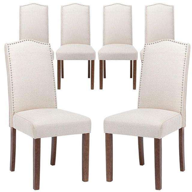 Snugway Stylish Upholstered Parsons Dining Chair with Nailhead Trim and Sturdy Solid Wood Legs, Beige, 6 Pcs