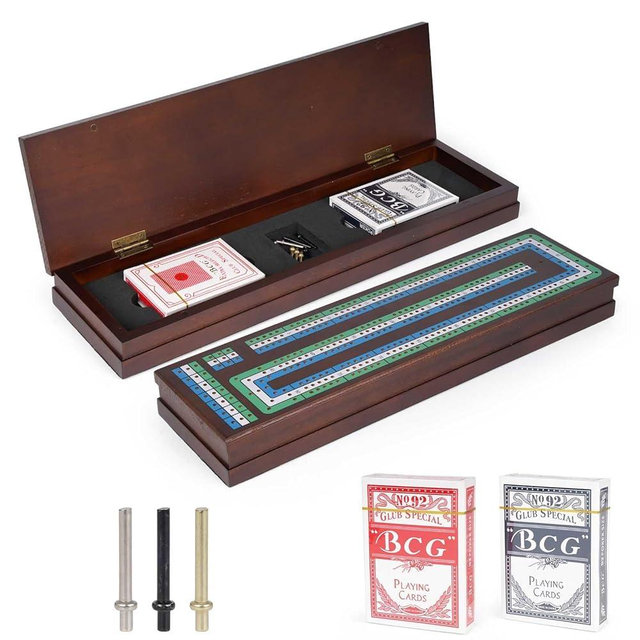 Wooden Cribbage Board Game Set, Premium Wooden Board with Magnetic Lock and Metal Pegs, Strategy Card Game Cribbage - Travel Portable Cribbage Game Sets for Family