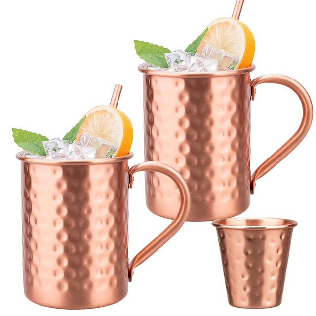 MeowvCraft 100% Pure Copper Cups Set of 2 - Moscow Mule Mugs with Copper Straws and Jigger - Cup for Cold Drinking - Hand Hammered Mug Gifts for Cocktail Beer Wine Coffee Drink Party Bar 14oz