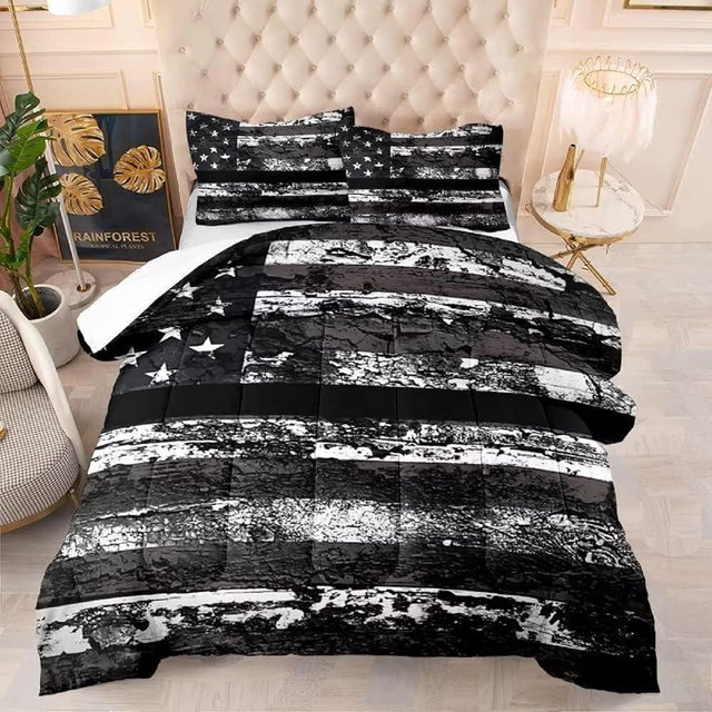 kxry Black and White USA American Flag Comforter Set Queen Size for Boys Kids Teens Dirty US Stars Stripes Flags Bedding Quilt 1 Comforter + 2 Pillow Cases