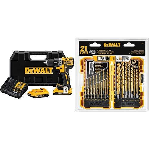 DEWALT DCD791D2 20V MAX XR Li-Ion 0.5 2.0Ah Brushless Compact Drill/Driver Kit with DEWALT DW1361 Titanium PilotBit Set, 21-Piece