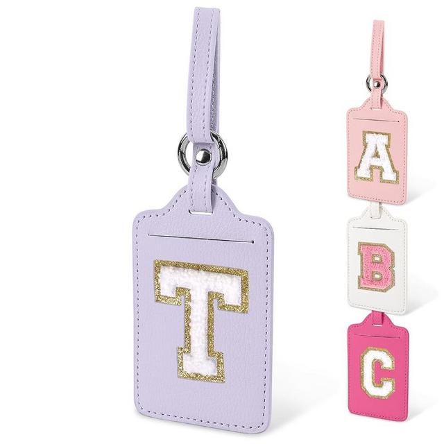 Initial Letter Luggage Tag for Luggage, Cute Waterproof PU Leather Travel Luggage Tag, Monogrammed Suitcase Tags, Bag Tags for Handbags (Purple-White T)