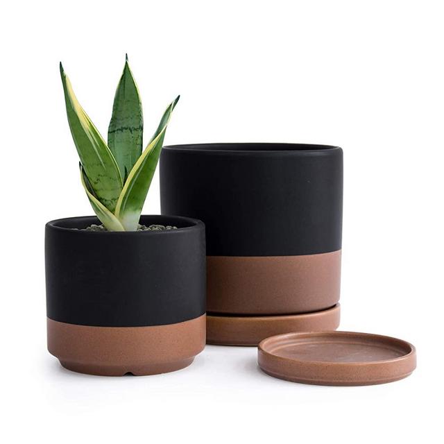 Small Plant Pots Set, 4.6 Inch & 6 Inch Ceramic Planter Pot for Plants with Drainage Hole and Saucer, Black/Speckled Tan, 94-G-S-7