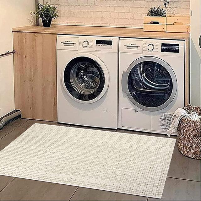 Seavish Boho Bathroom Runner Rug Machine Washable Rug, 2'x4.2' Beige Laundry Room Rug Cotton Woven Front Door Mat Reversible Bedroom Rug Indoor Outdoor Throw Rug for Porch Kitchen Hallway Entryway