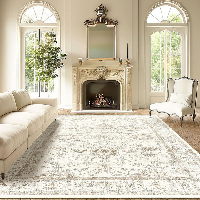 Madane 9x12 Area Rugs for Living Room, Machine Washable Rug with Anti-Slip Backing, Soft Vintage Large Area Rug, Floral Print Floor Carpet for Bedroom Dining Room (9 x 12, Brown/Ivory)