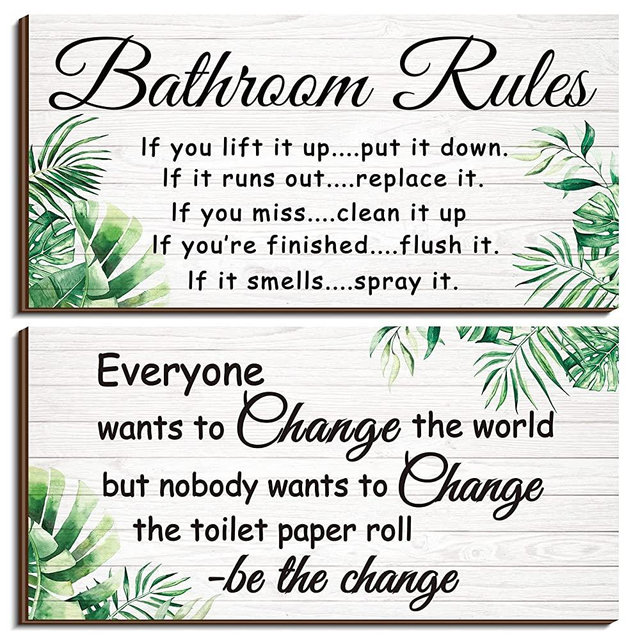 2 Pieces Bathroom Wall Decor Bathroom Rules Flower Wall Art Funny Ocean Beach Bathroom Signs Rustic Bathroom Wooden Signs Farmhouse Toilet Wall Decor (Leaves Style)