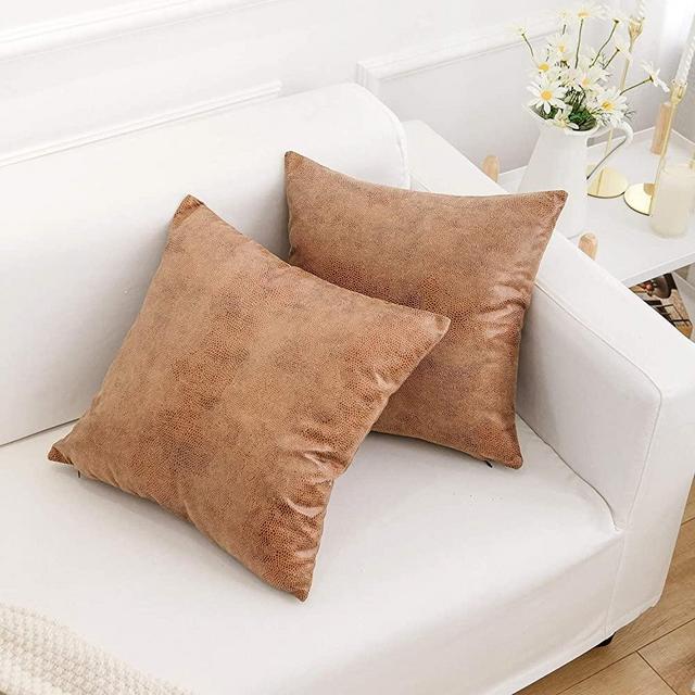 famibay Pack of 2 Faux Leather Pillow Covers Modern Decorative Square Luxury Cushion Case Durable Throw Pillow Cover Shell for Couch Sofa Bed Living Room 18x18 Inch Brown