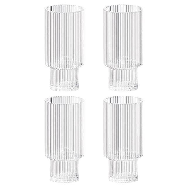 Vintage Art Deco Fluted Drinking Glasses - 11 oz Modern Kitchen Glassware Set - Unique Vintage Art Deco Cups for Weddings, Cocktails Or Bar – Ribbed Glass Cup for Water, Tom Collins - Set of 4, Clear