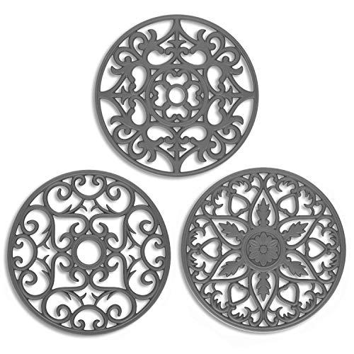 ME.FAN 3 Set Silicone Multi-Use Intricately Carved Trivet Mat - Insulated Flexible Durable Non Slip Coasters (Gary)