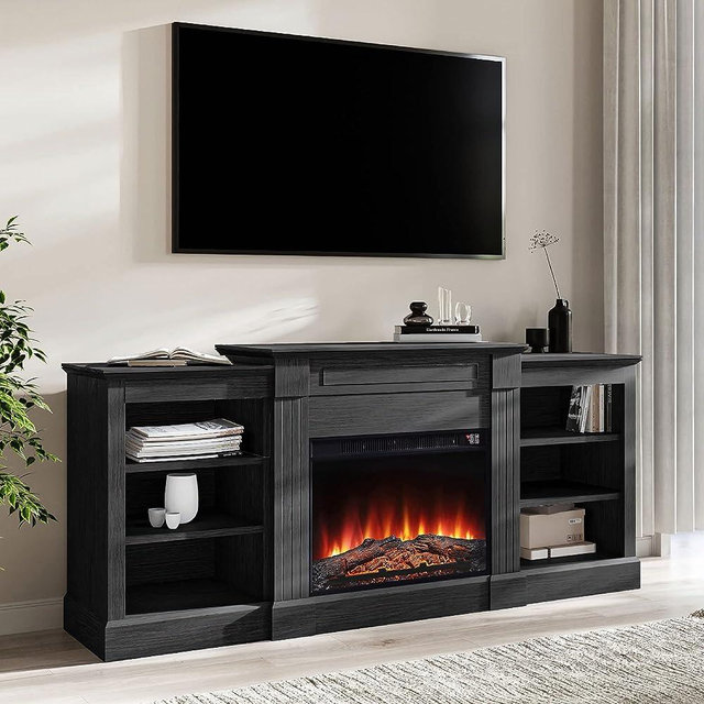 BELLEZE Modern 66 Inch Electric Fireplace Mantel TV Stand & Media Entertainment Center for TVs up to 66 Inches with Energy-Efficient Heater and Side Shelves - Lenore (Gray)