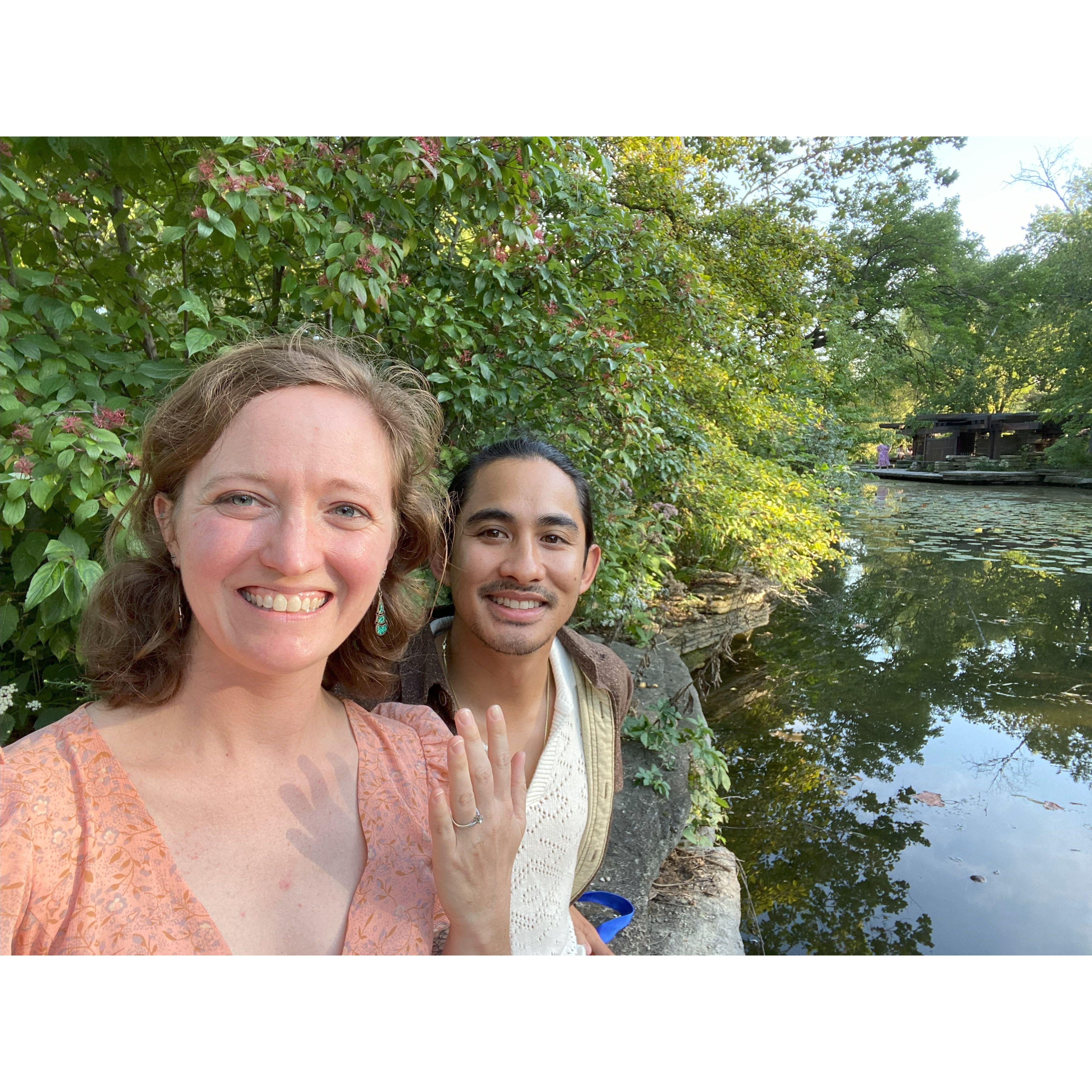 At the Caldwell Lily Pond in Chicago after Mikko proposed to Sarah