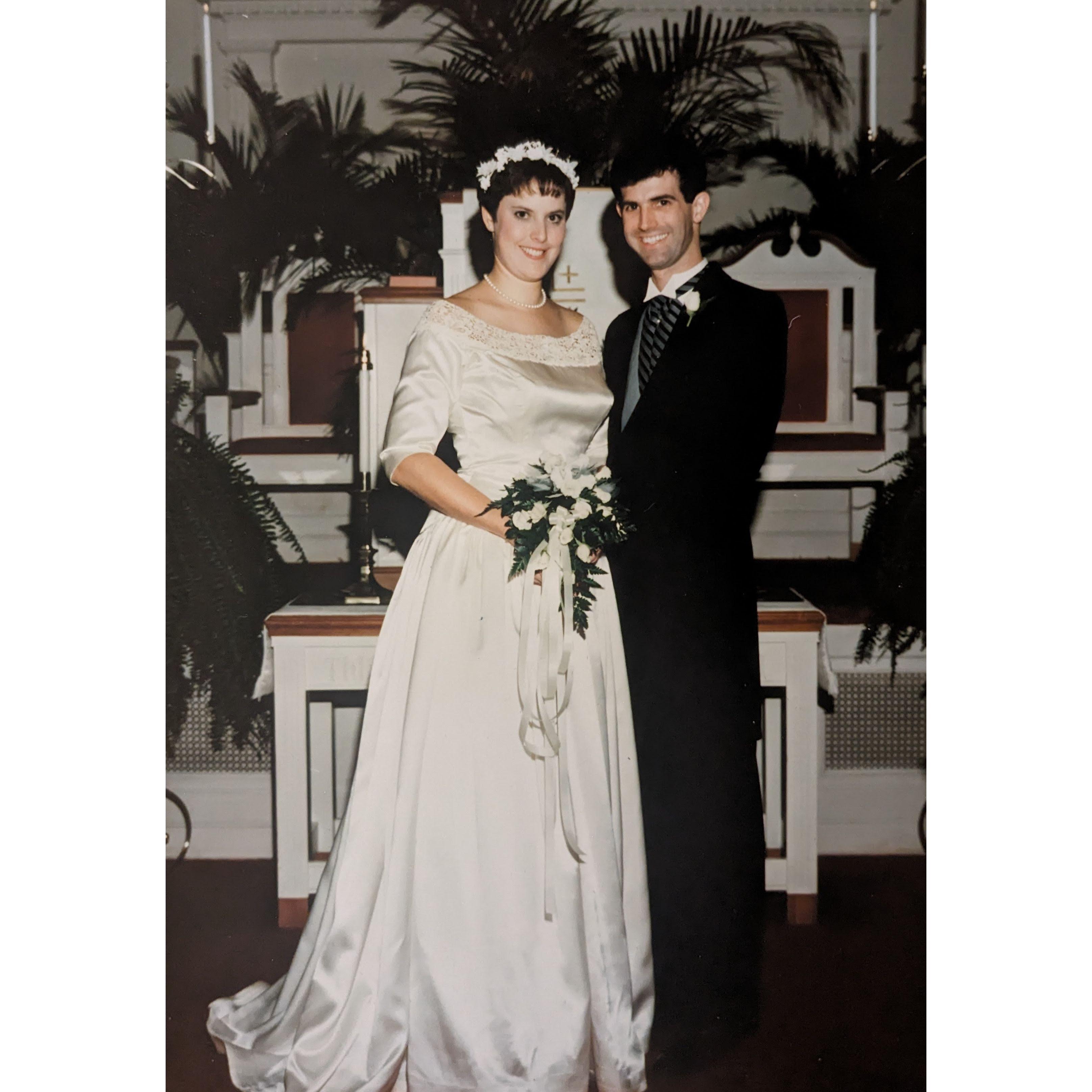 Linda wearing her mother's dress at her wedding.