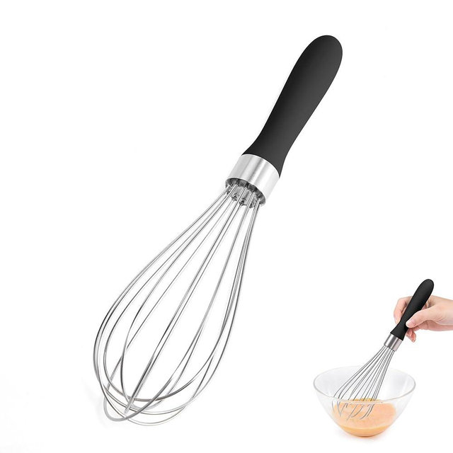 18/8 Stainless Steel Balloon Whisk, Doosu Kitchen Whisk for Cooking Handheld Egg Beater with Rust-Proof Sturdy Wires & Non-Slip Silicone Handle for Beating, Stirring, Blending (6 Wires, Black)
