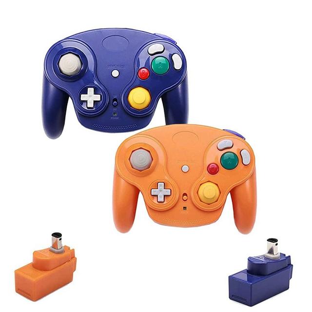 VTone Wireless Gamecube Controller, 2 Pieces 2.4G Wireless Classic Gamepad with Receiver Adapter for Wii Gamecube NGC GC (Orange and Dark Blue)