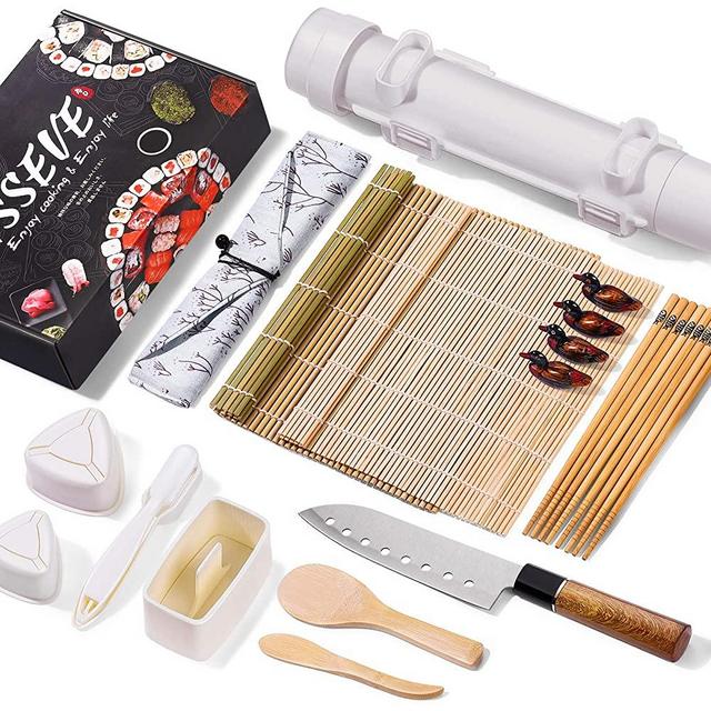 ISSEVE Sushi Making Kit Plus,All In One Sushi Bazooka Maker with Sushi Mold, Bamboo Mat, Bamboo Chopsticks, Paddle, Spreader, Sushi Knife,Nigiri Mold,Onigiri Mold,Musubi mold,DIY Sushi Roller Machine