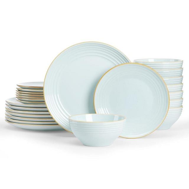 Famiware Jupiter Dinnerware Set, Plates and Bowls Sets for 8, Microwave and Dishwasher Safe, Scratch Resistant, 24 Pieces Dishes Set, Light Blue