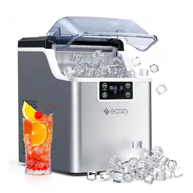 Ecozy - Ice Cube Maker Countertop, 45 lbs Per Day Ice Machine, 24 Cubes Ready in 13 Mins - Silver