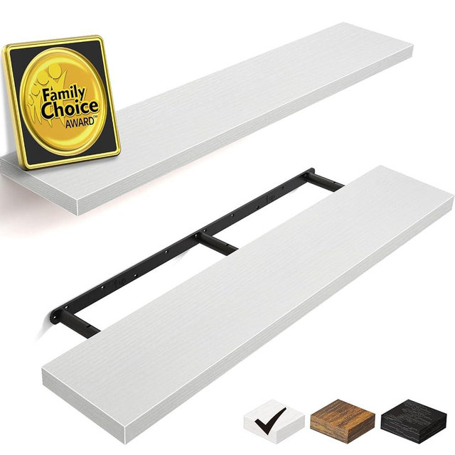BAYKA Floating Shelves for Wall, 36 inches Long Wall Mounted Rustic Wood Shelves for Bathroom, Bedroom, Living Room, Kitchen, Office, Hanging Shelf for Books/Storage/Decor(White,Set of 2)
