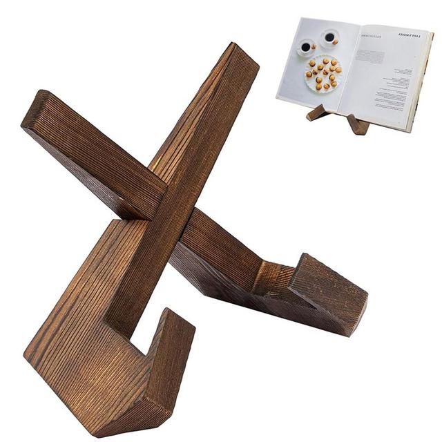 YUNKWONG Cross Design Cookbook Stand - Beautiful Wood Texture, Stable Structure - Wooden Recipe Book Holder- Multifunctional Display Stand, Kitchen Counter Decor - Brown