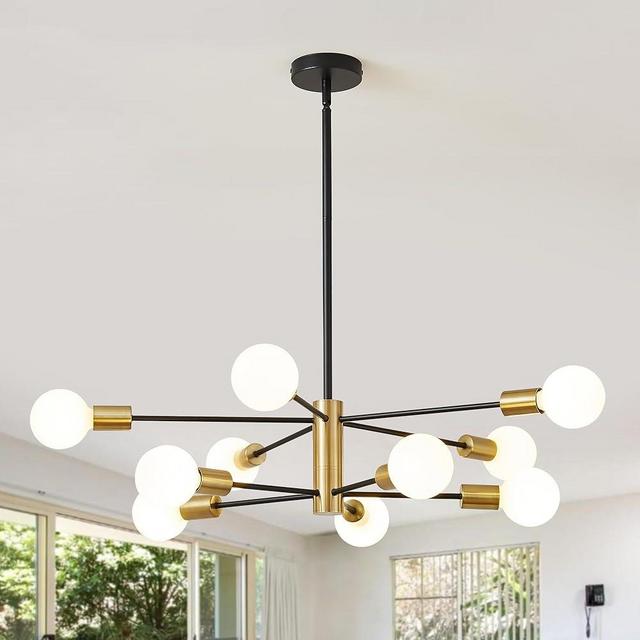 Sputnik Chandeliers Modern Black and Gold Chandeliers 10-Light Mid Century Farmhouse Chandelier Ceiling Light Fixture Height Adustable Pendant Light for Kitchen Island Living Room Dining Room