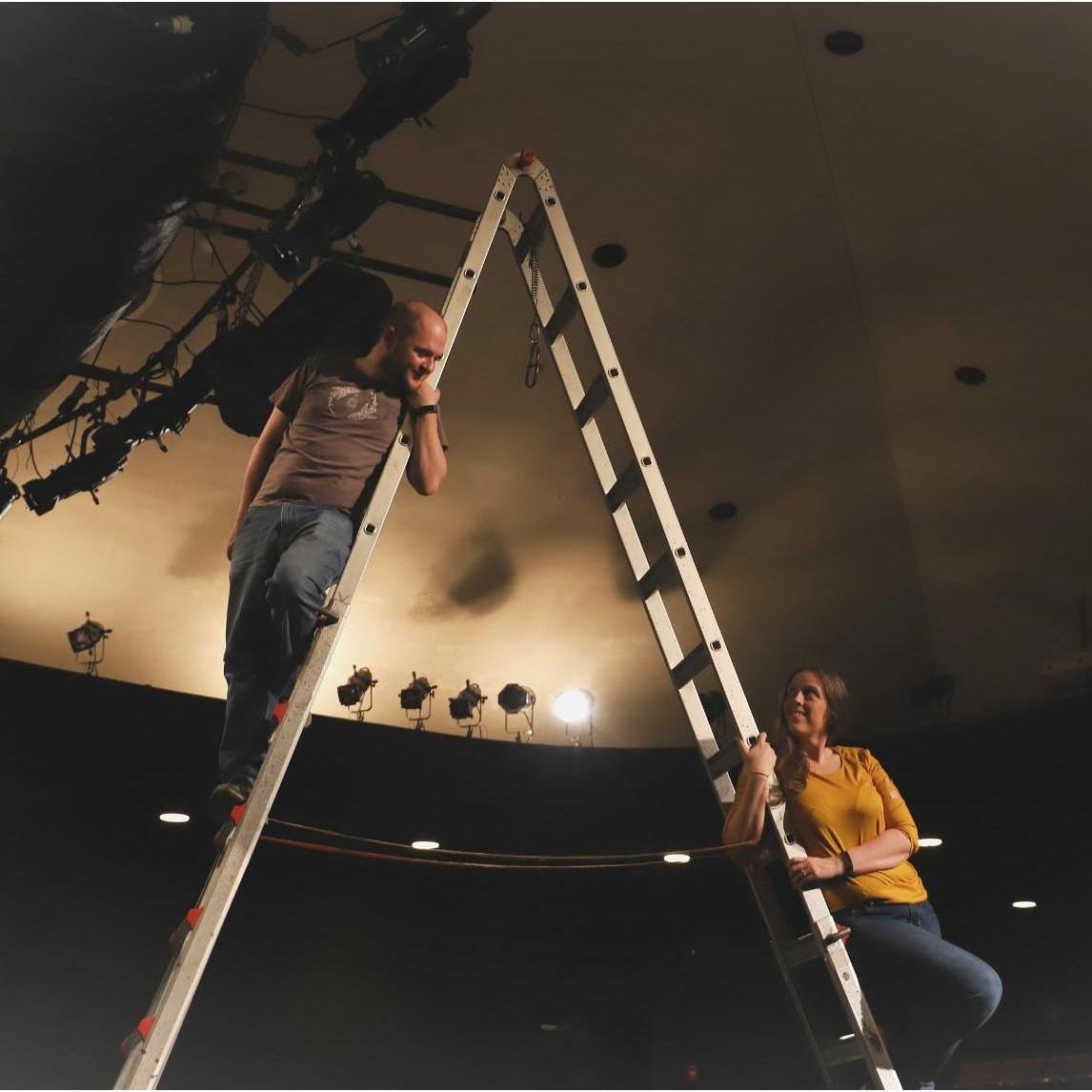 Our first "real" conversation took place atop this ladder during a light hang at the Robert Reim Theatre in Kirkwood Mo.