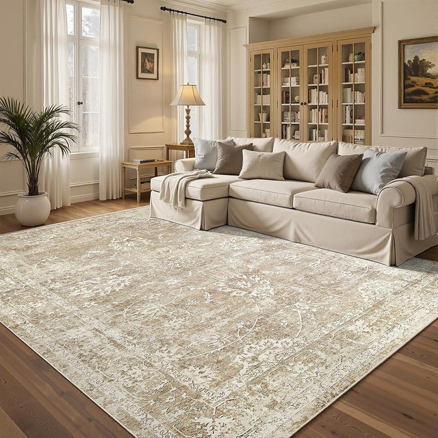 Madane 5x7 Area Rugs for Living Room, Washable Vintage Area Rug with Non Slip Backing, Soft Floral Print Stain Resistant Floor Carpet 5 x7 with Low Pile (5 x 7, Beige/Brown)