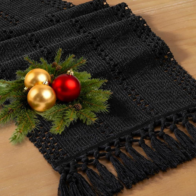 Socomi Boho Table Runner Macrame Easter Spring Farmhouse Woven Cotton Linen Rustic Coffee Table Runner with Tassels for Dresser Scarf Home Decor Dining Room 12x90 inch Black