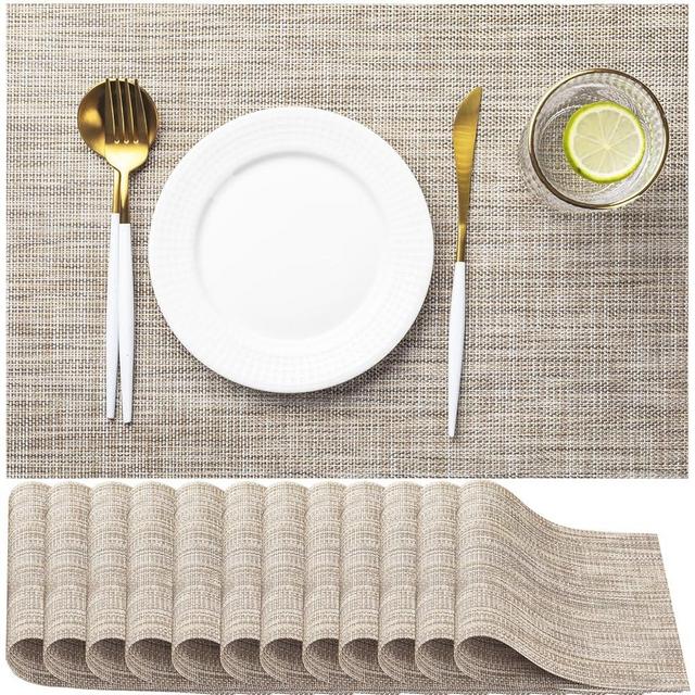 LEXMORE PVC Woven Placemats 12 PCS Wipeable Indoor/Outdoor Table Mats Washable Vinyl Place Mats for Dining Table, Set of 12-Caramel
