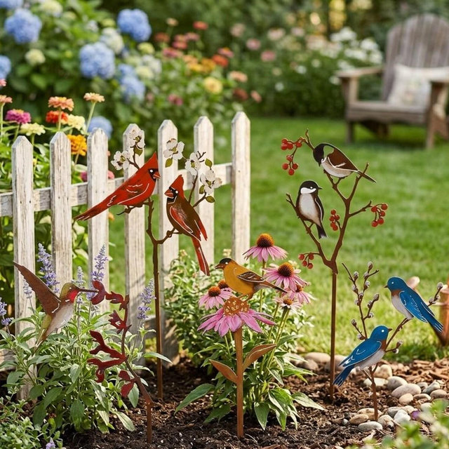Hand-Painted Metal Bird Garden Stakes, Rusted Texture, Nature Decor