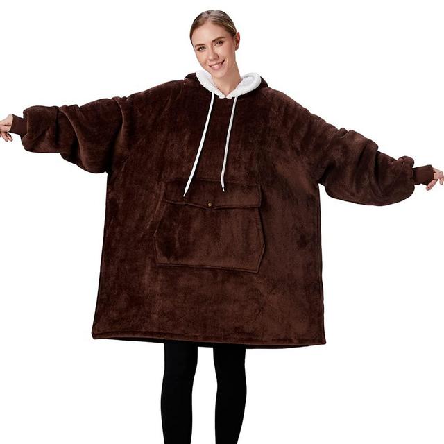 Qeils Oversized Wearable Blanket Hoodie, Comfy Sherpa Sweatshirt Pullover Jacket Brown(Brown,Adult)