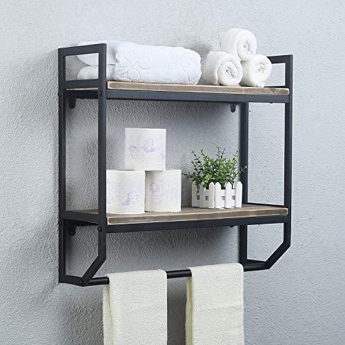 2-Tier Metal Industrial 23.6" Bathroom Shelves Wall Mounted,Rustic Wall Shelf Over Toilet,Towel Rack with Towel Bar,Utility Storage Shelf Rack, Floating Shelves Towel Holder,Black Brush Silver