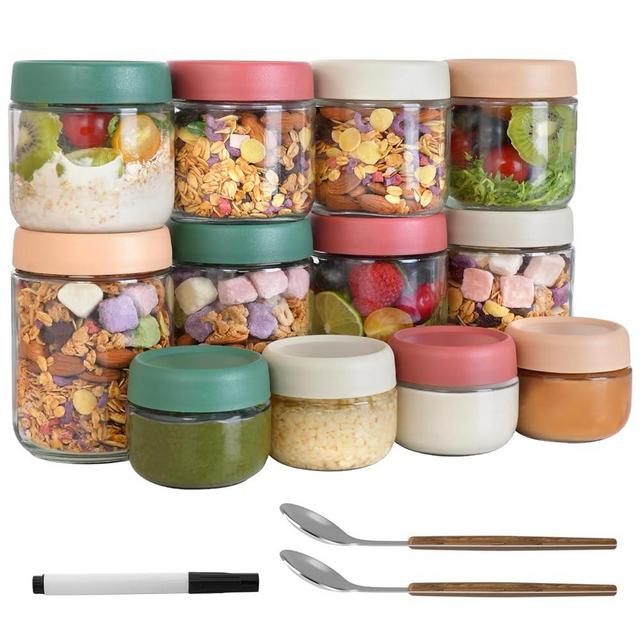 12Pack Overnight Oats Containers with Lids, 16oz, 8oz & 4oz Glass Jars with Airtight Lids, Wide mouth Mason Salad jars, Glass Food Storage Containers for Yogurt Chia Pudding Snacks Cereal & Spices