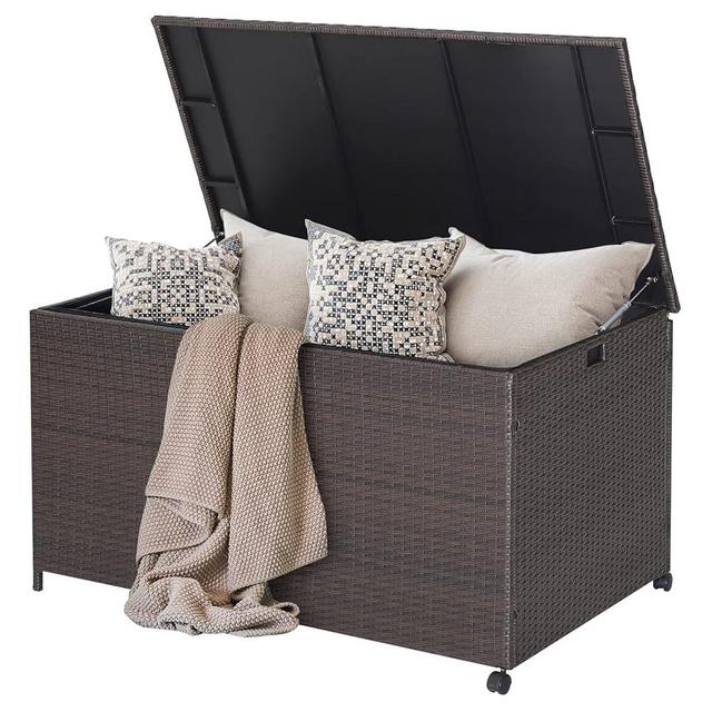 Tangkula 133 Gallon Deck Storage Box, Patio Rattan Storage Container with 2 Universal Wheels, Safety Pneumatic Rod, Zippered Liner, Sturdy Steel Frame, Ideal for Backyard, Poolside