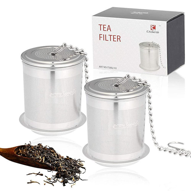 Kitcherish Tea Strainers for Loose Tea Fine Mesh Ball Infuser & Filters 18/8 Stainless Steel with Extended Chain (2 Pack)