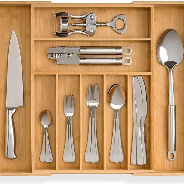 STEDWARE Kitchen Drawer Organizer, Heavy Duty Reinforced Silverware Divider Tray, Expandable Bamboo Utensil Holder for Flatware, Cutlery, Knives - Kitchen Organization and Storage