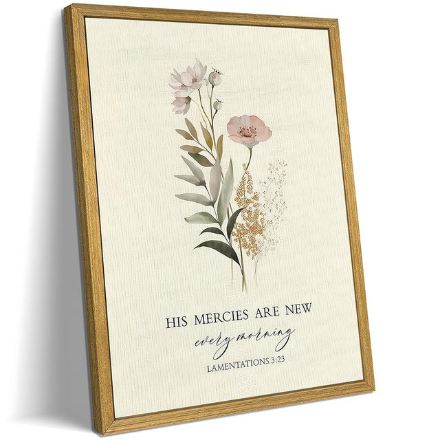 Christian Canvas Wall Art, Bible Verse Floral Painting With Wood Framed, His Mercies Are New Every Morning Lamentations 3:23 Scripture Religious Wall Decor Church Home Decor 8x10 Inch