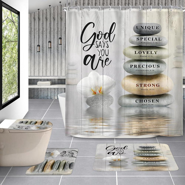 AMBZEK Bible Verse Scripture 4Pcs Shower Curtain Sets 72Wx72L Inch Christian Zen Stone Spa Meditation Relaxing Lotus Artwork Cloth Fabric Waterproof Polyester Bathroom Decor Set with 12 Pack Hooks