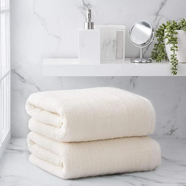 Welhome James 100% Cotton 2 Piece Bath Sheets | Cream | Stripe Textured | Supersoft & Durable | Highly Absorbent & Quick Dry | Ideal for Everyday Use | 450 GSM | Machine Washable