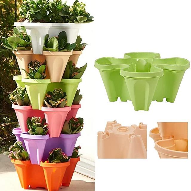 Stand Stacking Planters Strawberry Planting Pots , Stackable Flower Pot Tower Herb and Strawberry Planters , Self Watering Tiers From Top Down , stacking planters for outdoor plants (Green)