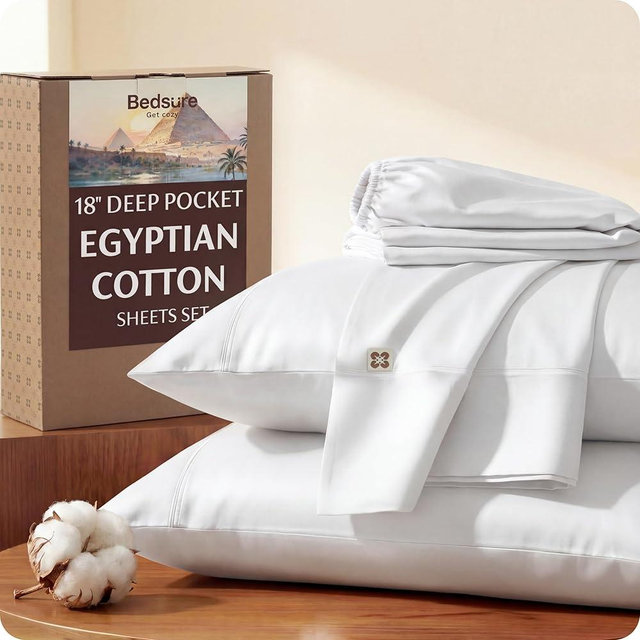 Bedsure 100% Giza Egyptian Cotton Sheets Queen Size - Luxury Hotel Sheets 18" Deep Pocket with 4 Corner Straps, PureWoven Soft & Beathable Sateen Weave Bedsheets (White, Queen)