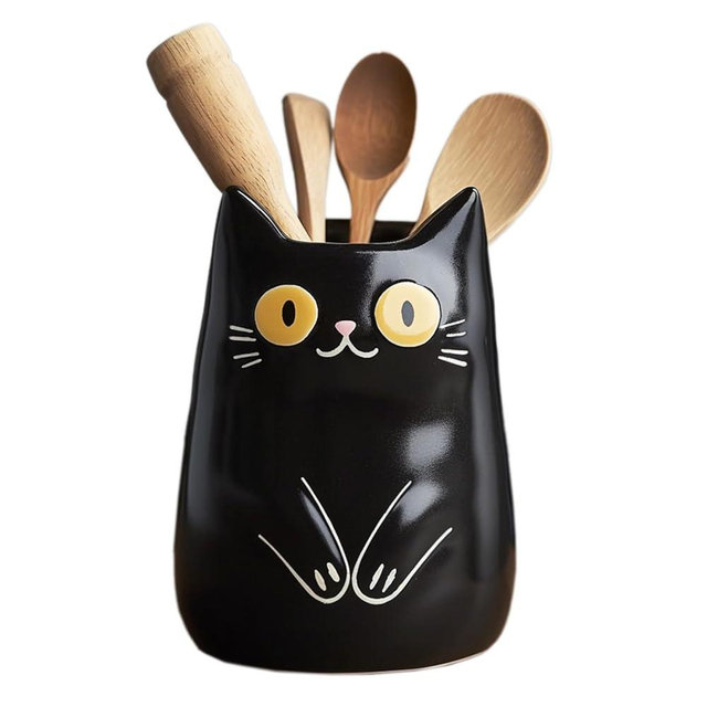 SOCOSY Black Cat Ceramic Kitchen Utensil Holder For Countertop, Cooking Utensil Crock Holder Spatula Holder