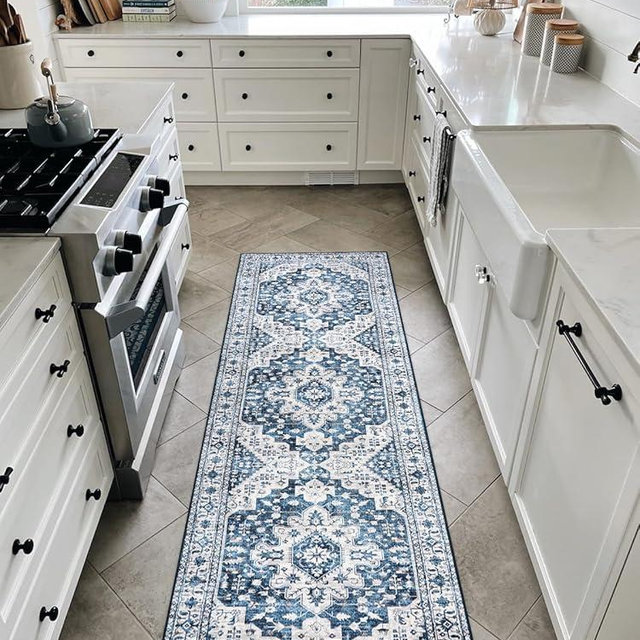 Moynesa Ultra-Thin Washable Runner Rug - 2x6 Blue Laundry Room Rug Washable Kitchen Runners Bathroom Carpet Runner, Oriental Printed Pet Friendly Hallway Runners for Bedroom Entrance Entryway RV