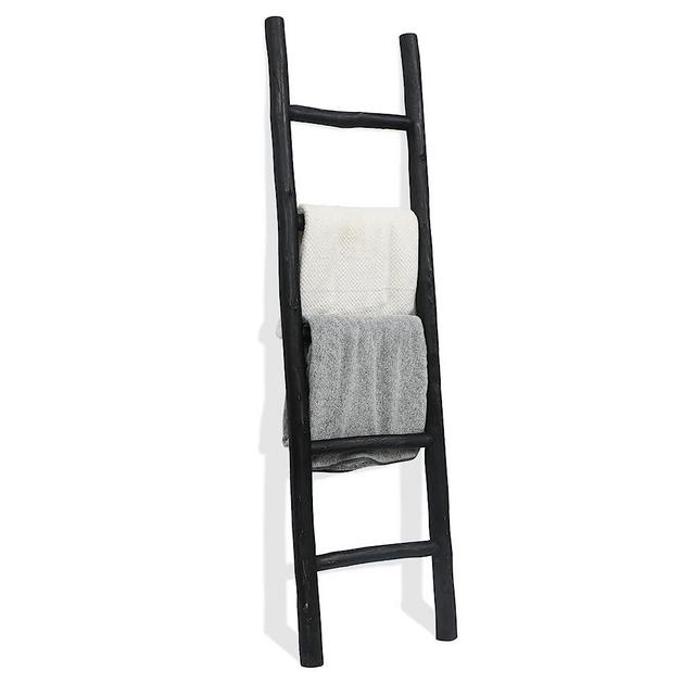 FUIN Fully Assembled 5ft Wood Decorative Wall Leaning Blanket Ladders Bathroom Storage Quilt Towel Display Rack Shelf Holder Rustic Farmhouse, Black