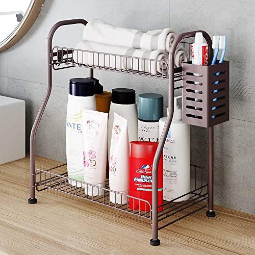 Bathroom Counter Shelf Organizer With Toiletries Basket, 2-Tier Standing Kitchen Spice Rack for Spice Can Jars Bottle with 3 Hooks (bronze, Steel)