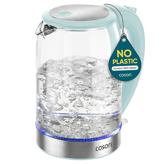 Cosori Electric Kettle, No Plastic Contact With Water, Wide Mouth For Easy Cleaning, Auto Shut Off, 1.7L Tea Kettle & Hot Water Boiler, Water Heater & Teapot, Borosilicate Glass, Green, 1500W